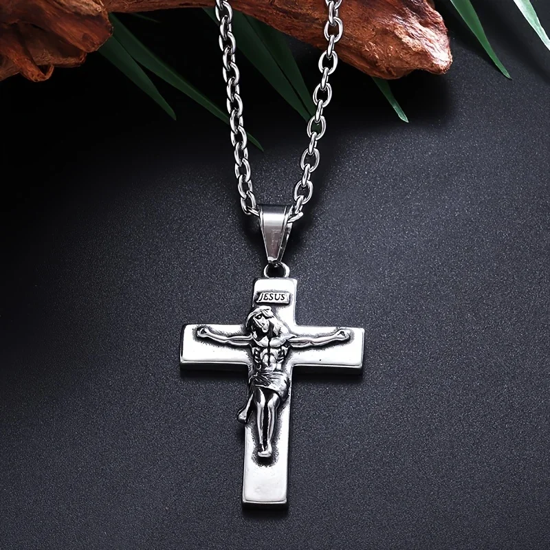 Vintage Jesus Cross Pendant with Thorn Crown Necklace, Men's Religious Necklace, Christian Jewelry Gift