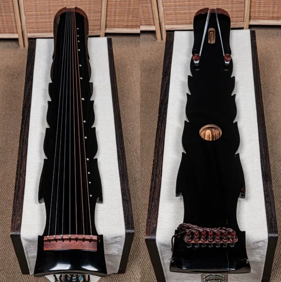 Luoxiang Style Guqin, Ice Crack Pattern, Glossy Black Finish, Pure Raw Lacquer, Old Chinese Fir Wood Traditional String Musical