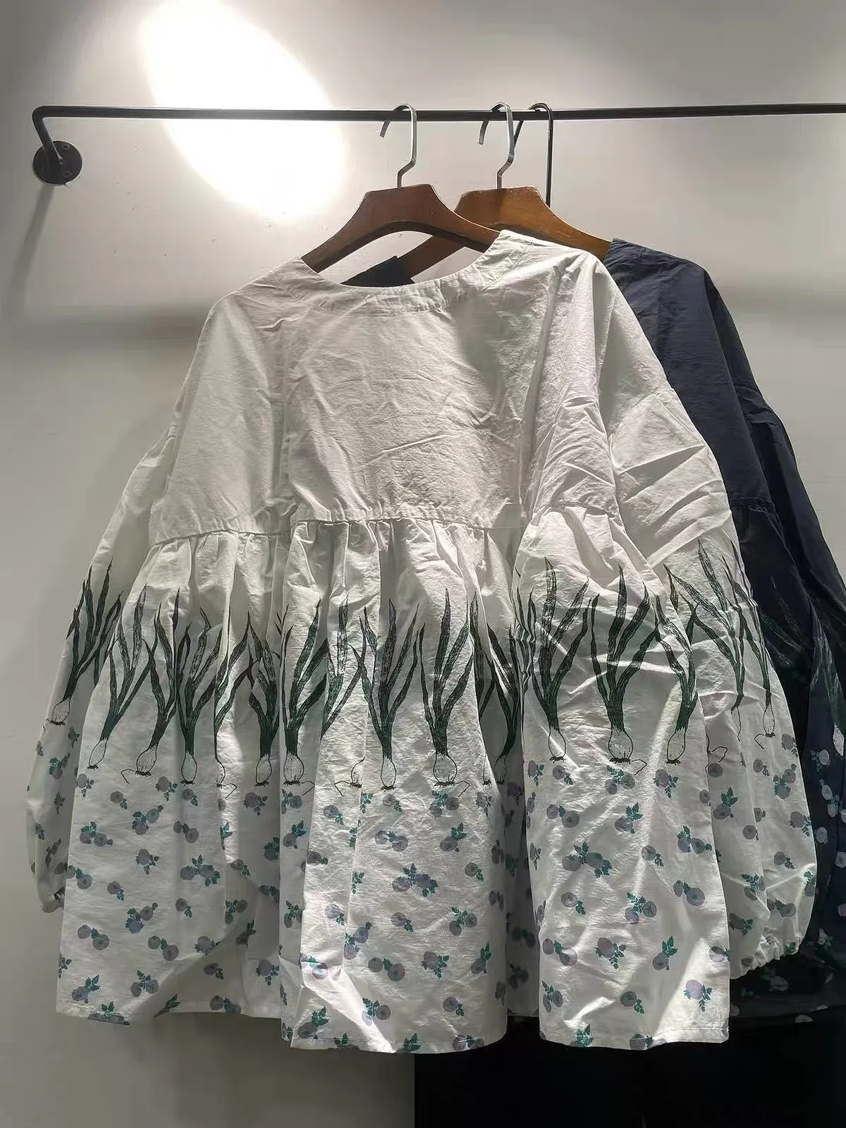 Bust 124cm Women Green Onion Print 100% Cotton Babydoll Blouse Round Neck Long Sleeve Gathered Waist Loose Casual Tunic Top