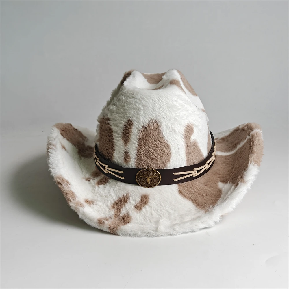 Unisex Leopard Print Faux Fur Western Cowboy Hat Vintage Cowgirl Hat Wide Brim Rodeo Country Concert Festival Party Costume Hat