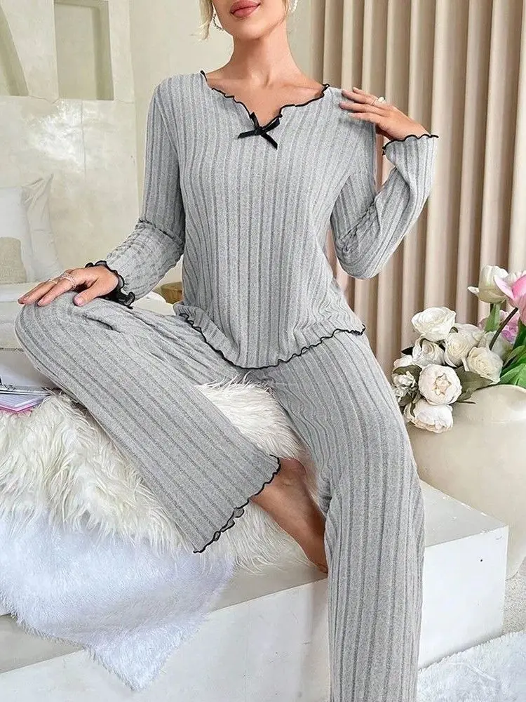 

Autumn Winter Warm Plush Pajamas Set Women Long Sleeve Top and Trousers 2 Piece Set Casual Sleepwear Homewear Loungewear