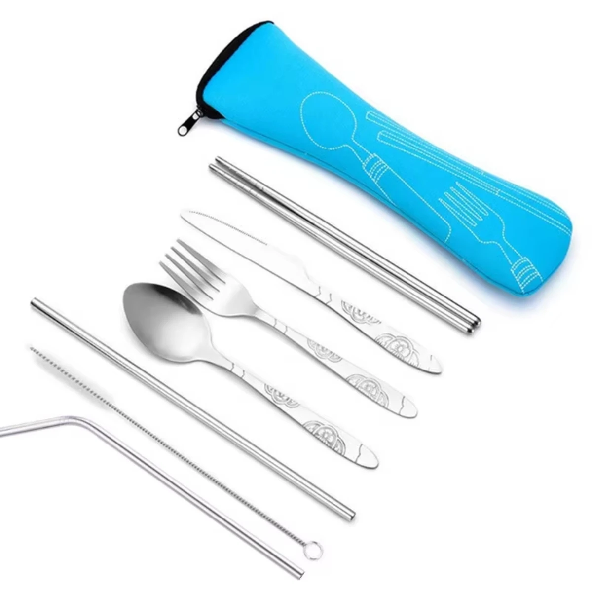

7pcs/ Set Stainless Steel Tableware Set Outdoor Portable Cloth Bag Knife Fork Spoon Chopsticks Straw Rich Flowers Seven Sets