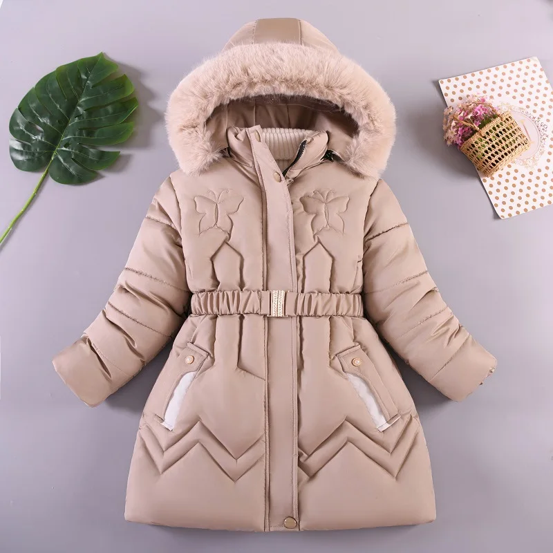 

5-12 Years Winter Girls Jacket New Fashion Butterfly Christmas Princess Coat Plush Lining Warm Hooded Zipper Down Cotton Outwear