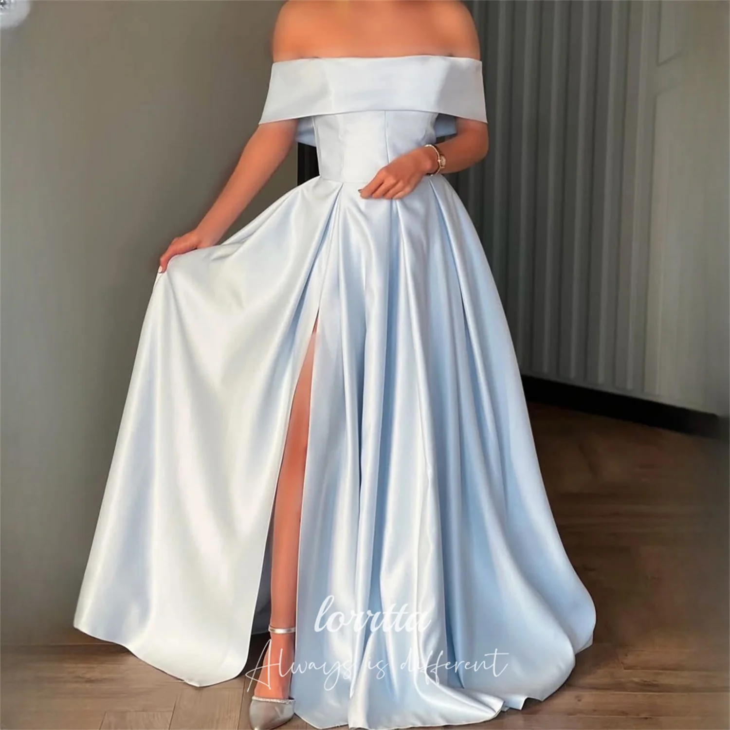 

Lorrtta Satin Off The Shoulder Sky Blue A-Line Evening Dress 2026 Prom Dress Elegant Formal Evening Gown Women Customized