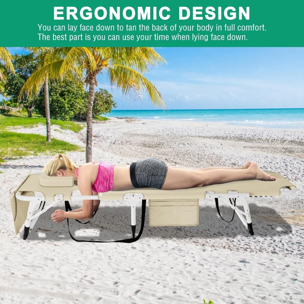 Cadeira de bronzeamento solar com colchão, Heavy Duty Lounger Chair, Face Arm Hole, travesseiro removível, 3in 1