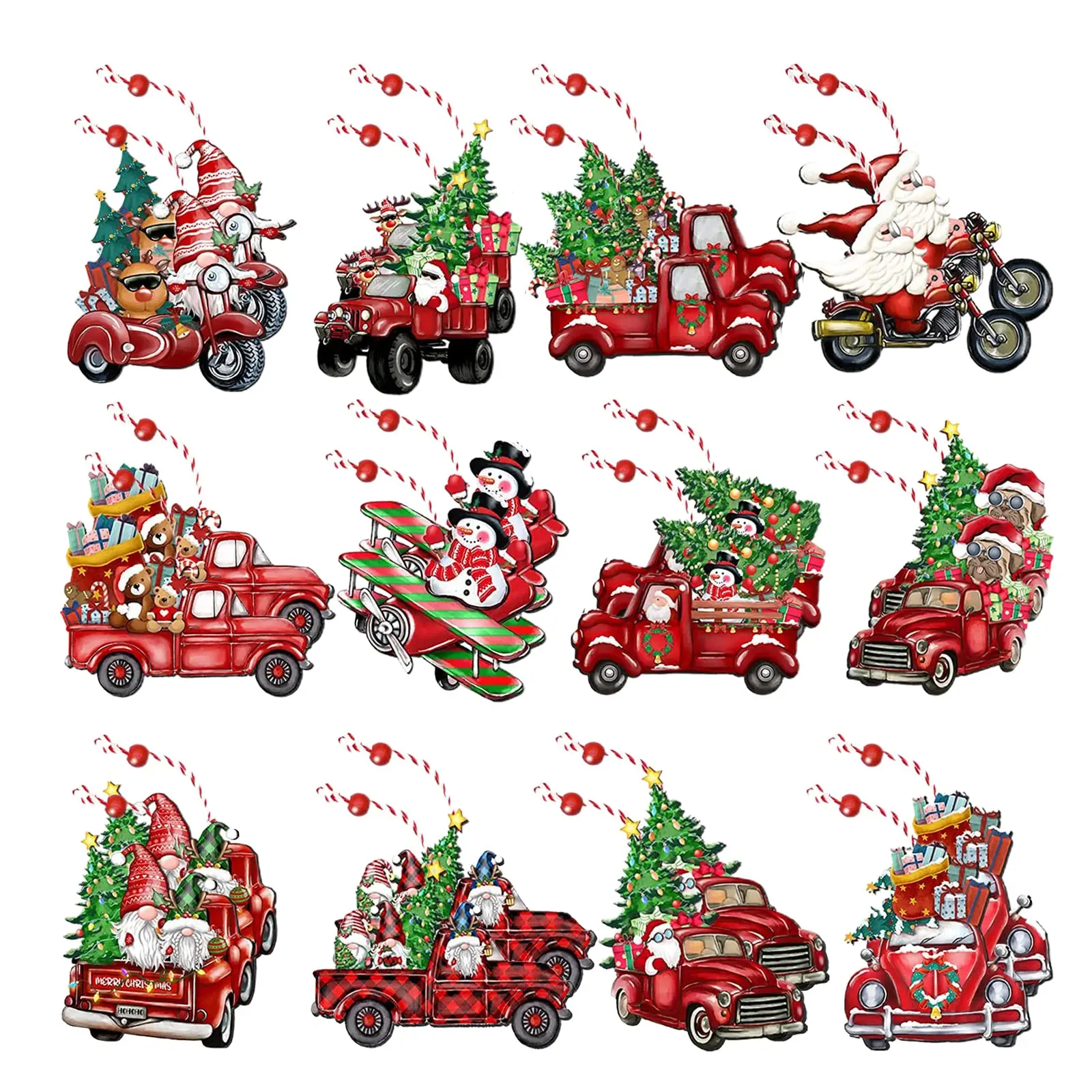 

24Pcs Christmas Truck Wood Ornaments - Red Truck Wooden Hanging Decor Gnomes Santa Claus Ornaments for Xmas Tree