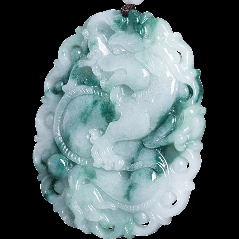 

Natural Myanmar Jadeite Ice Floating Jade Dragon Pendant Necklace Men Women Grade A Burma Jade Dragon Zodiac Lucky Charms Amulet