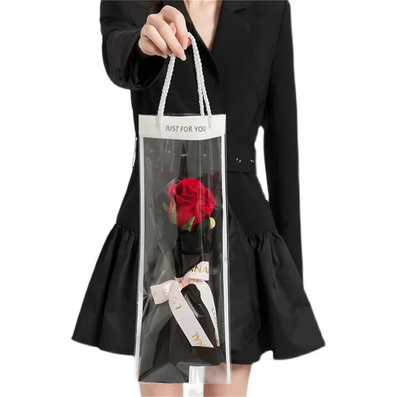 10 Pcs Rose Flower Tote Bags Clear Packaging Bags Handbag Bouquet Wrapping Floral Supplies Gift Bag Valentine\'s Day Decor