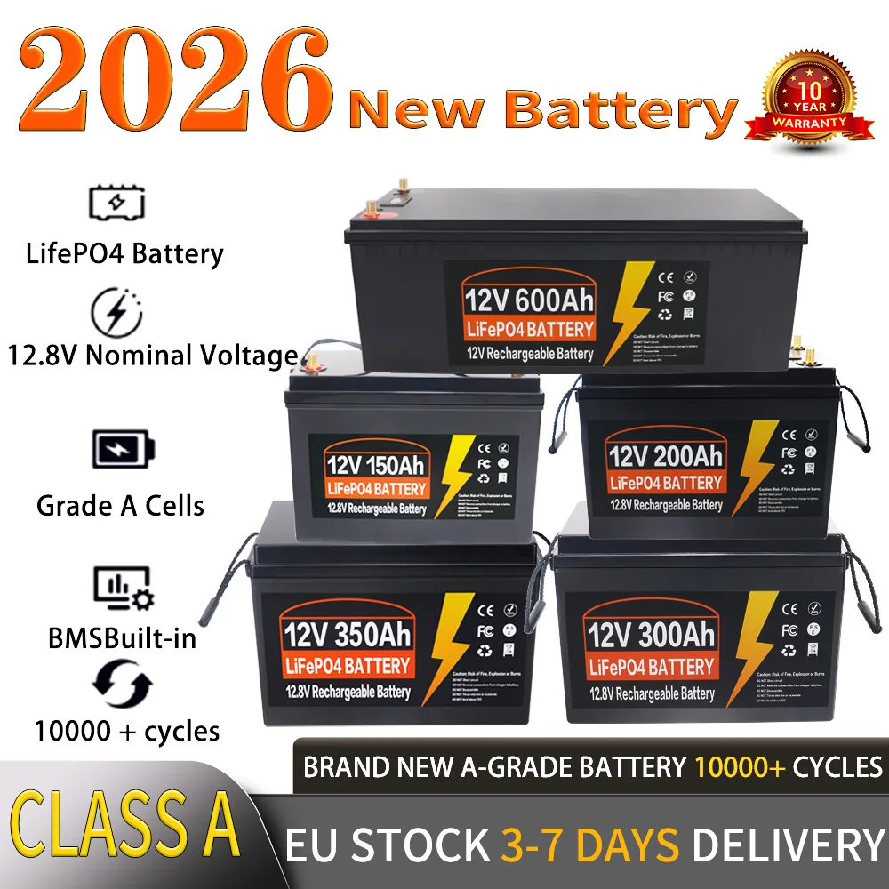 Batterie LiFePO4 12V 24V 100Ah 150Ah 200Ah 300Ah 350Ah avec BMS intégré, cellule au phosphate de fer et de lithium, 10000 cycles, pour camping-cars, chariots de golf