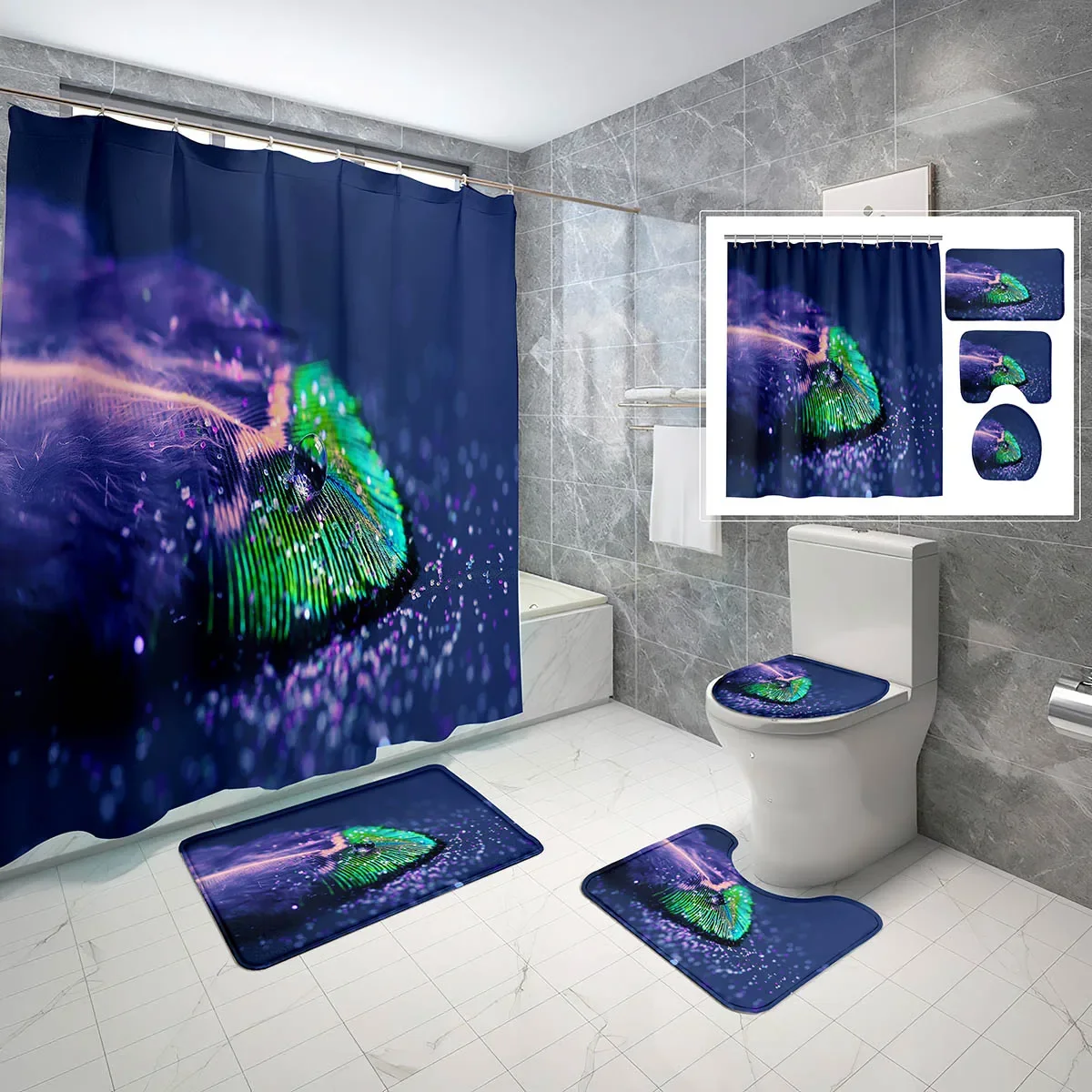 Feather Shower Curtain Set Dark Simple Fashion 4 PCS Bathroom Non-Slip Bath Mat Waterproof Shower Curtain Toilet Cover Set