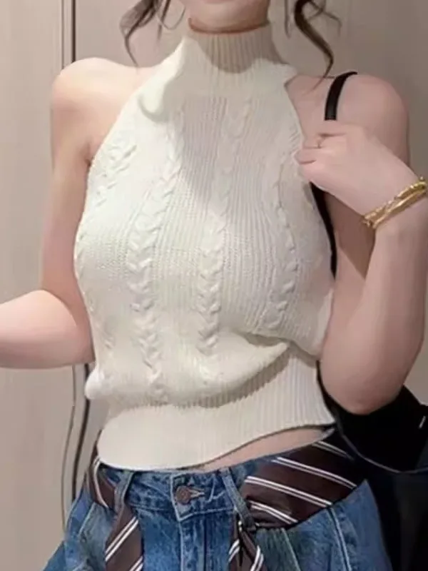 

Sexy Knitted Short Vest Women's Outerwear Neck Hanging Spring Summer Pure Color Slim Fit round Neck Pullover Casual Knitwear