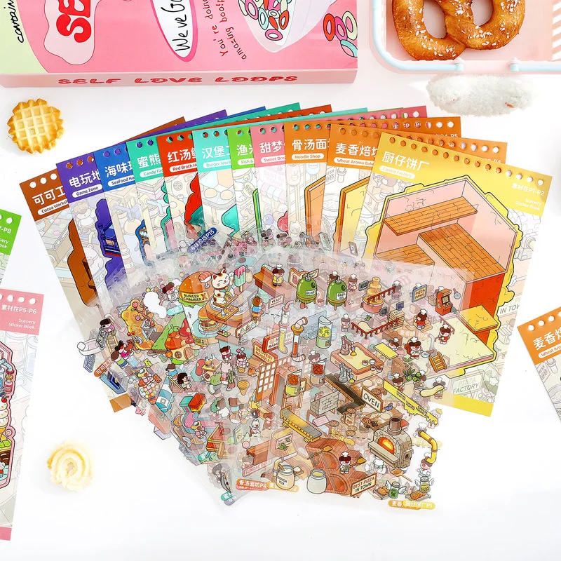 32 Blatt niedliches Cartoon-Bau-3D-Diorama-Aufkleberbuch, geschichtete Mini-Haus-Szenen-Aufkleber für Journal-Collage, Scrapbooking