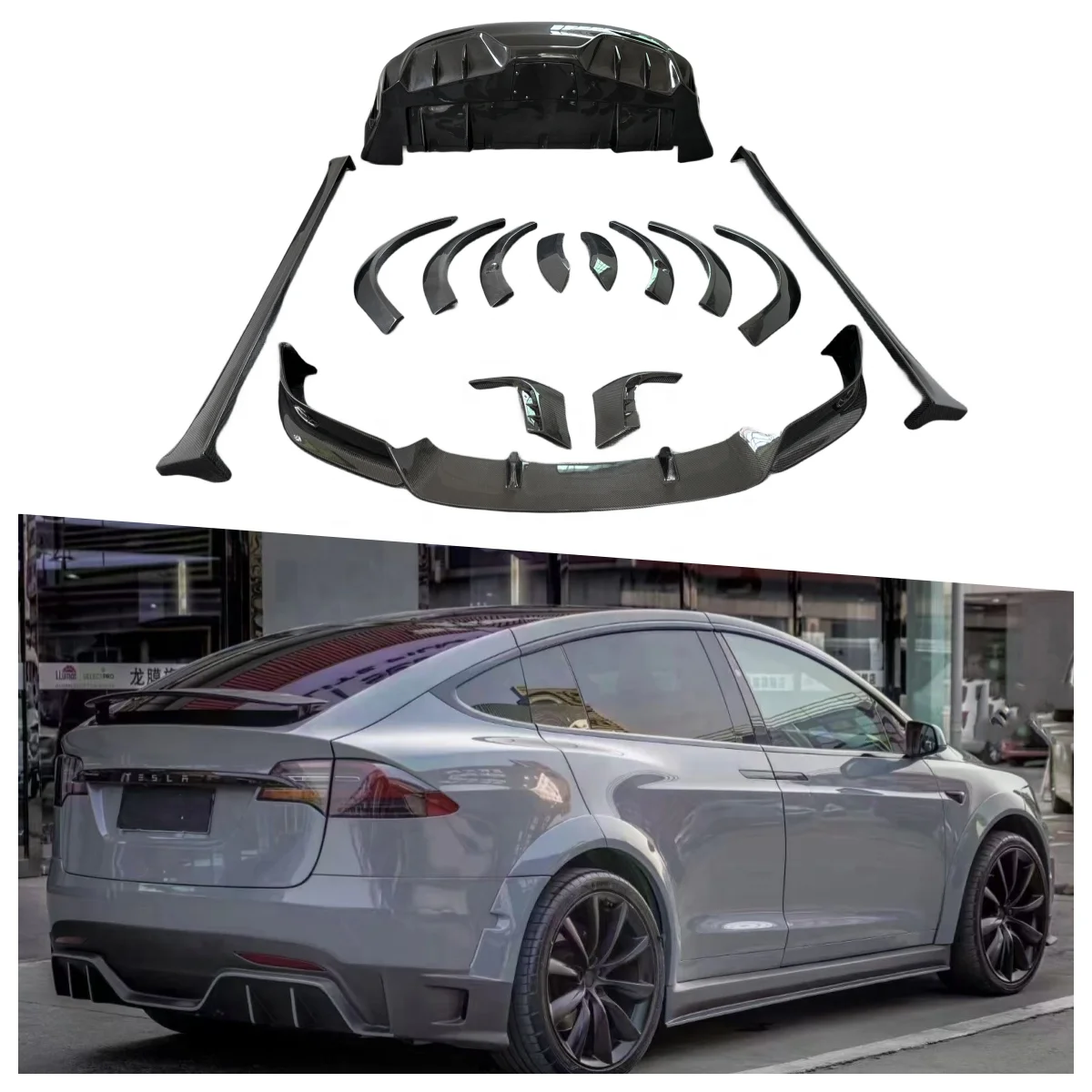 High Quality Carbon Fiber Body Kit for Tesla Model X  Front Lip Side Skirt Diffuser Wide Fender Rear Bumper