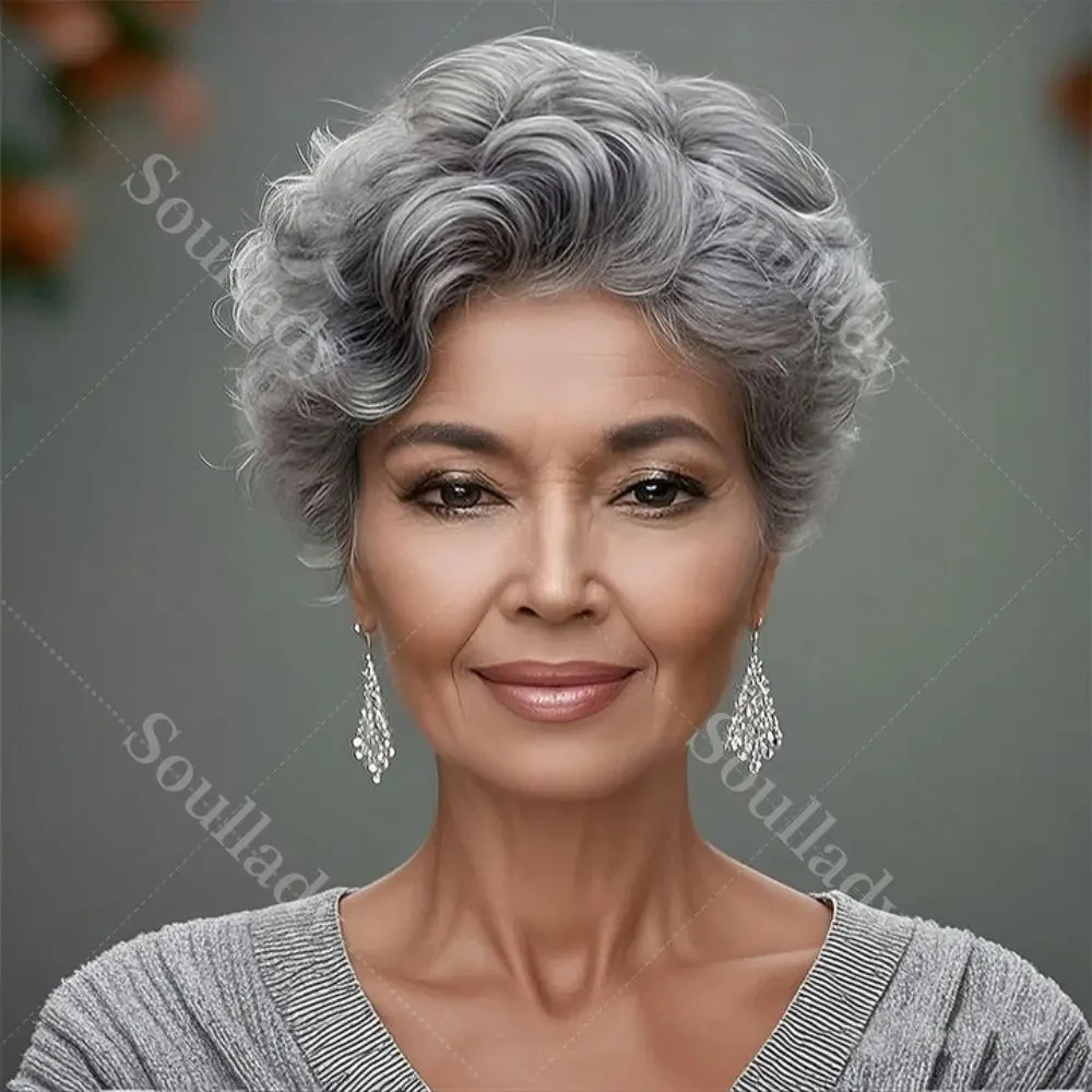 

Standard Salt & Pepper Edgy Pixie Cut Wig Natural Wave Short Bob Human Hair 4x1 Part Lace Closure Wigs For Mature Women
