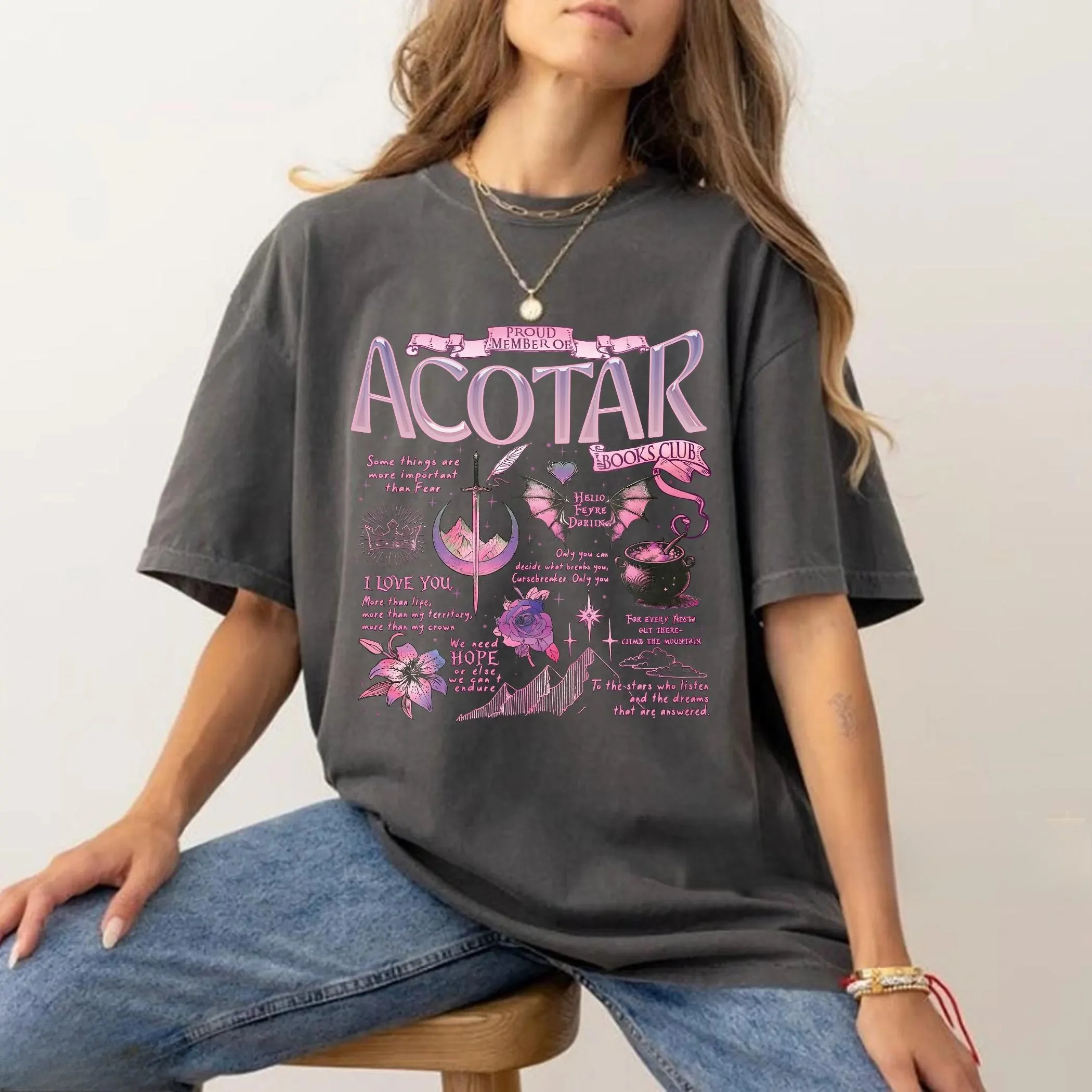 Retro ACOTAR A Court of Thorns and Roses Quote Print T‑Shirt Unisex Loose Crew Neck Short Sleeve Casual Tops for SJM Book Lovers