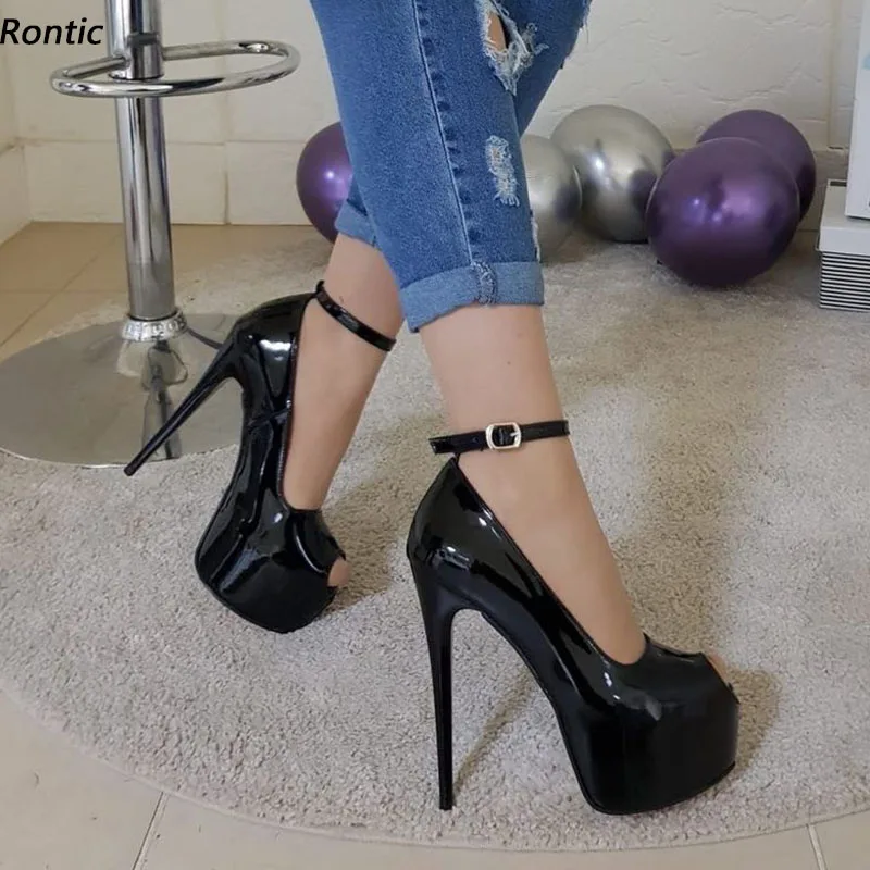 

Rontic Handmade Women Spring Shiny Pumps Platform Thin High Heels Peep Toe Pretty Black Dress Shoes US Plus Size 5-20