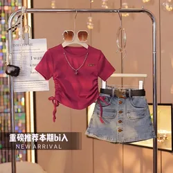 Girls' Summer Set Latest Children's Baby Drawstring Short Sleeve T-shirt Cowboy Skirts 2-piece Set No Belt