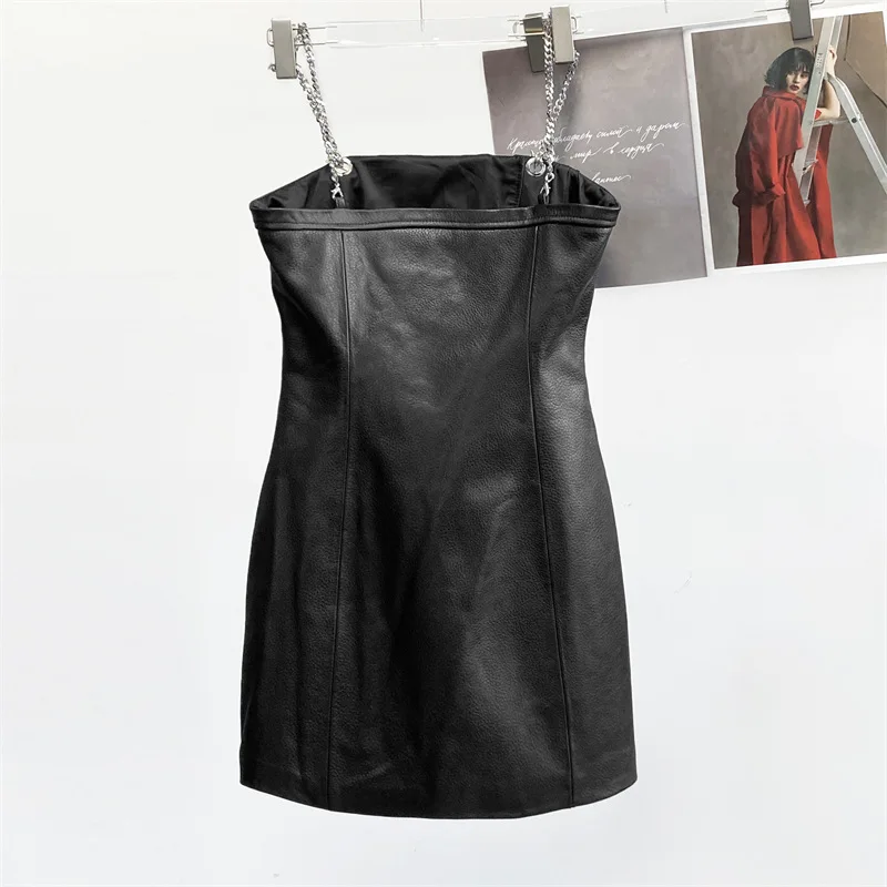 Women Leather Dress Vintage Youth Grunge y2k Clothes K-POP Steampunk Slim Bodycon Fashion Metal Chain Sling Vestido Micro Skirts