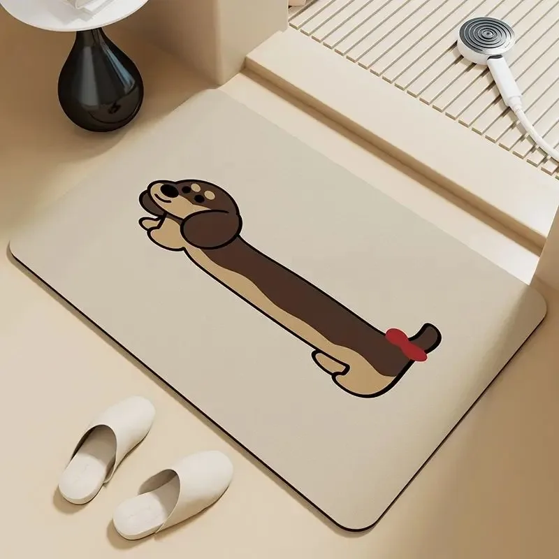 

Cute Dachshund Door Mat Small Carpet Cartoon Dog Design with Red Bow Element Anti-slip Rug for Home Decor
