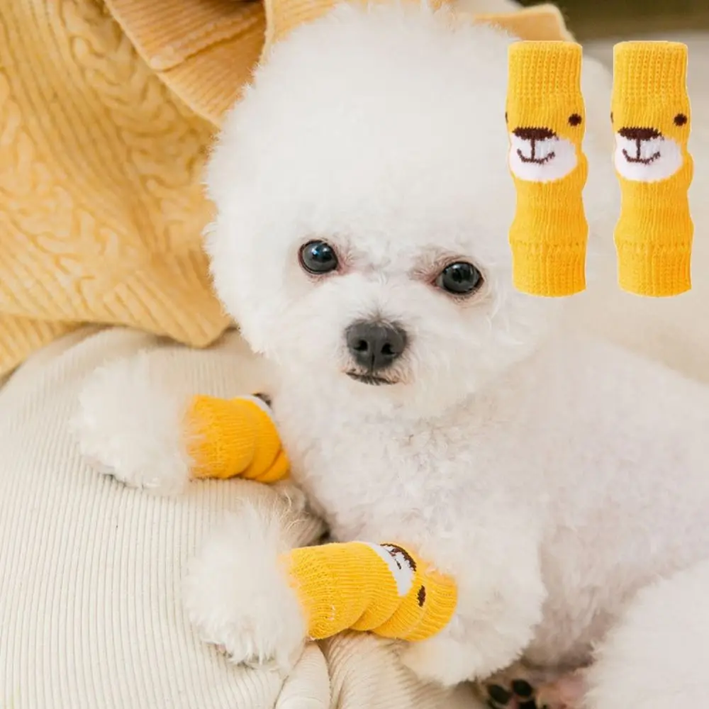 8pcs/2set Cartoon Puppy Knitted Socks Bear Pattern Elastic Pet Leg Protector Dog Joint Socks Comfortable Pet Anti-dirty Socks