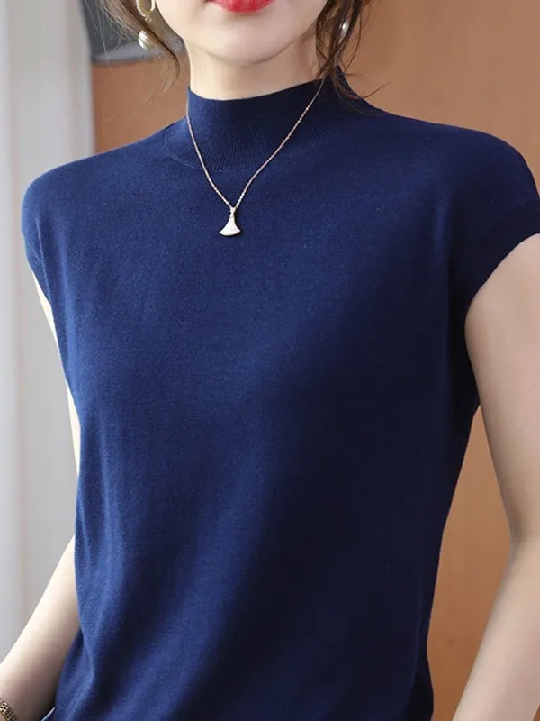 Women's Knitted Short Sleeve Top Half High Collar Base Layer Shirt Korean Style Anti-Aging High-End Feeling Commute Fashion