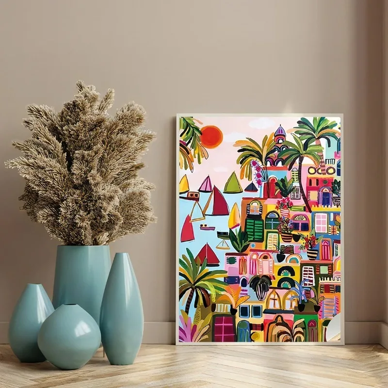 1pc Modern Color Mediterranean Landscape Canvas Prints Watercolor with Fine Line Pen Wall Art Poster for Living Room Home Decor