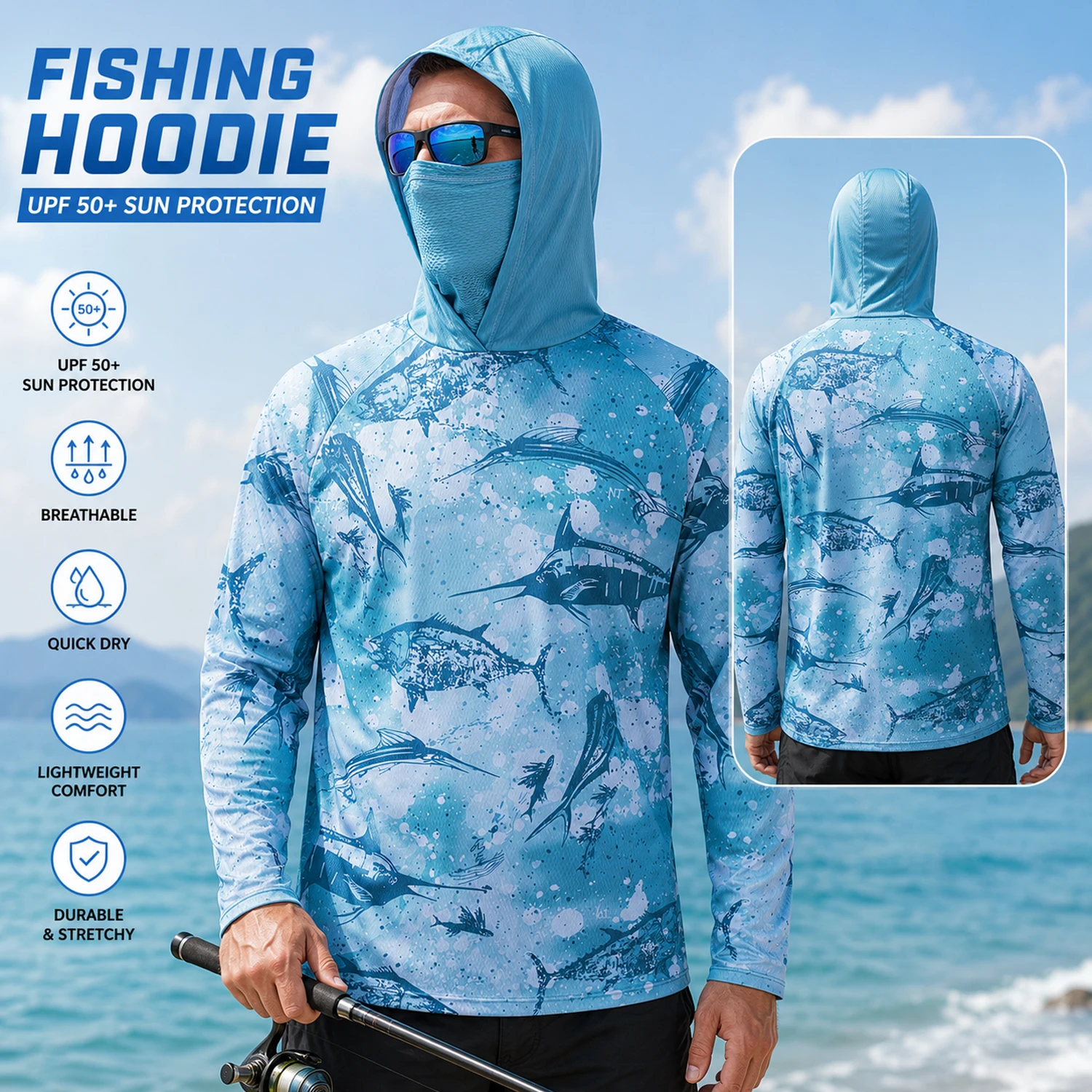 UPF50+ Men Big Mouth Bass Graphic Fishing Shirt Built‑in Face Cover Long Sleeve Quick Dry Sun‑Protection Stretch Fishing Jersey