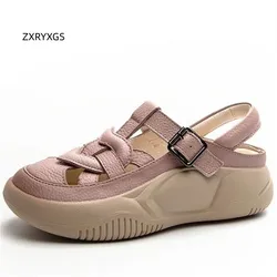ZXRYXGS 2025 Summer Round Toe Weave Genuine Leather Sandals Trend Sneakers Women Sandals Spell Color Beach Sandals Flat Wedges