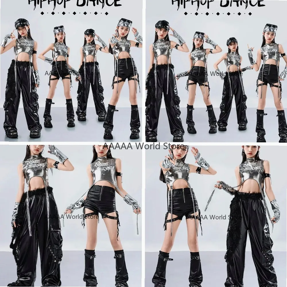 

Cosplay Kpop Hip Hop Crop Top and Parachute Pants Set Black Gray Casual Dance Costume for Girls