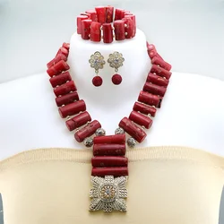 Nigerian Bride Wedding Red Natural Coral Bead Flower Accessories Necklace African Wedding Banquet Wedding Jewelry Sets