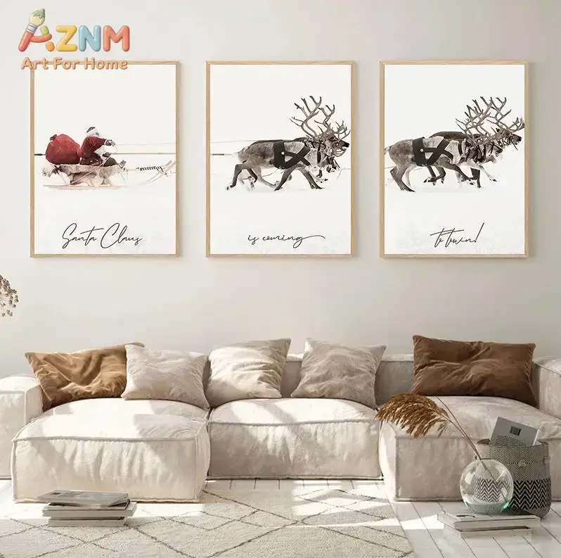 AZNM Santa Claus Canvas Wall Art Reindeer Sleigh 
