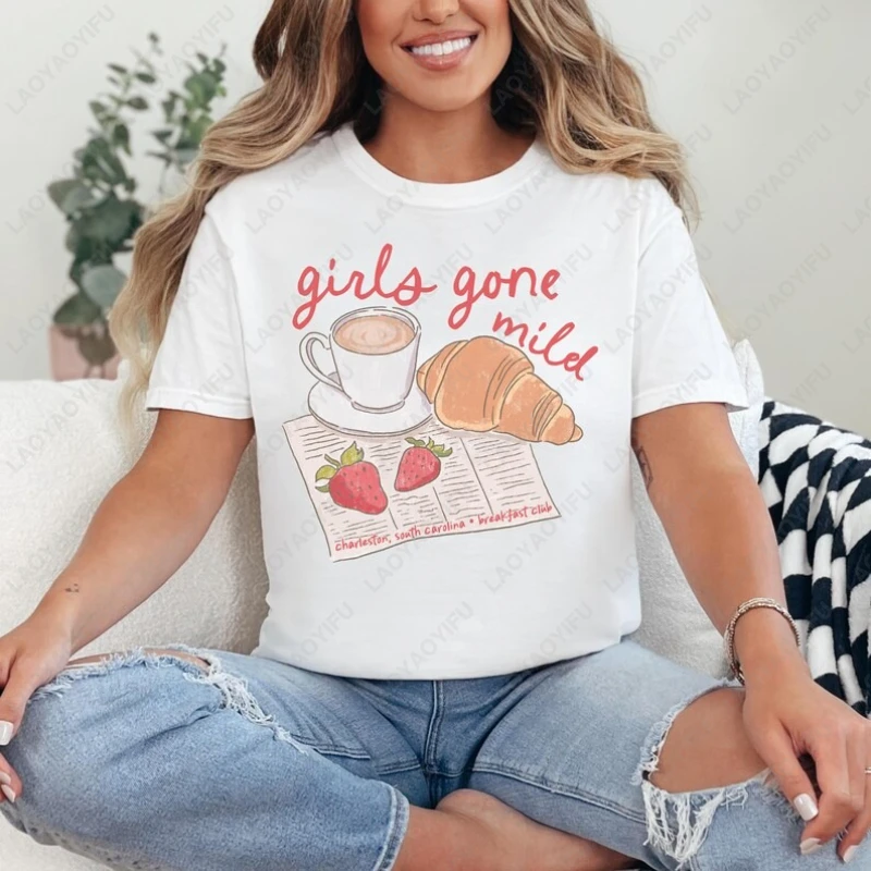 

Girls Gone Mild Letters Doodle Print Men Women Tops Espresso Coffee Croissant Strawberry Cotton Tee Breakfast Club Brunch Tshirt