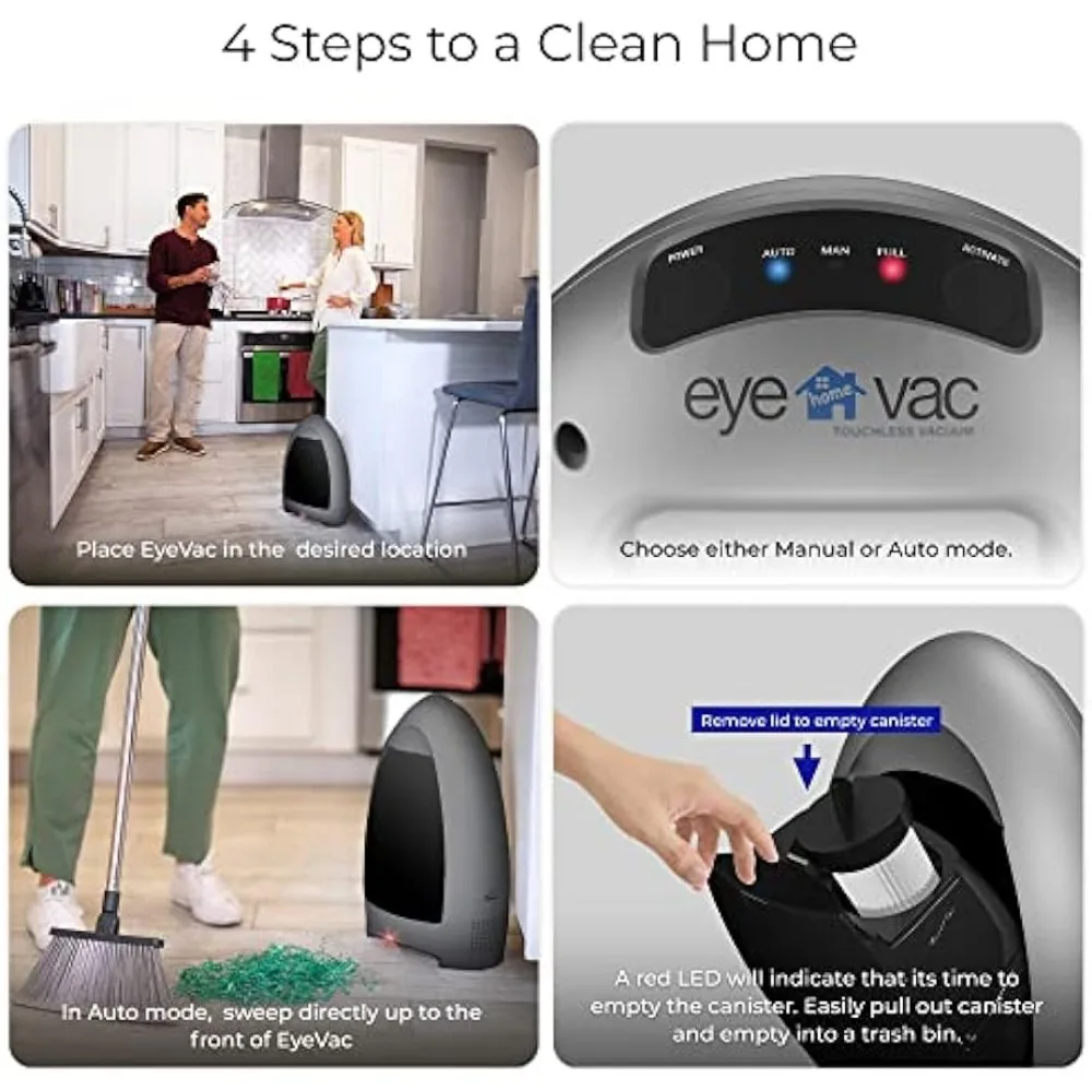 EyeVac-Home Touchless Vacuum, Filtração Dupla de Alta Eficiência, Sem Fio, Sensores Automáticos, Prateado, 1000 W