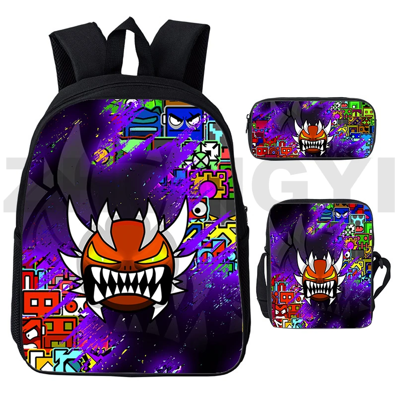 Popolare Angry Geometry Dash Zaini 3D Borse da scuola per adolescenti High Street 3 pezzi / set Zaini di grande capacità Borsa da viaggio di moda