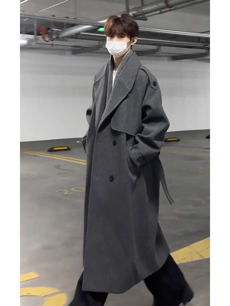 Korean Style Men's Woolen Coat over Knee Length Winter Fashionable Casual Coat Cleanfit Suit Jacket Polyester Fiber Warmth