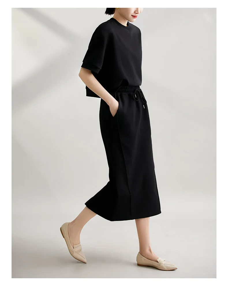 

2026 Summer New Fashion Women's Solid Color Simple Basic Casual Trendy Loose 2 Piece Sets O-neck Short Sleeve Tops Skirts Female