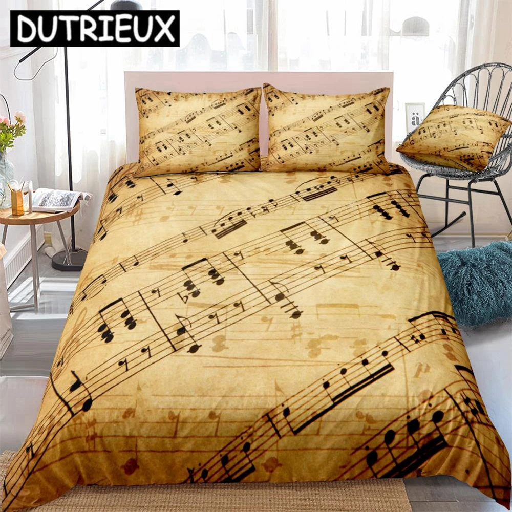 

Music Stave Notes Duvet Cover Set Vintage Bedding Set Queen Quilt Cover Retro Bed Set Boys Home Textiles