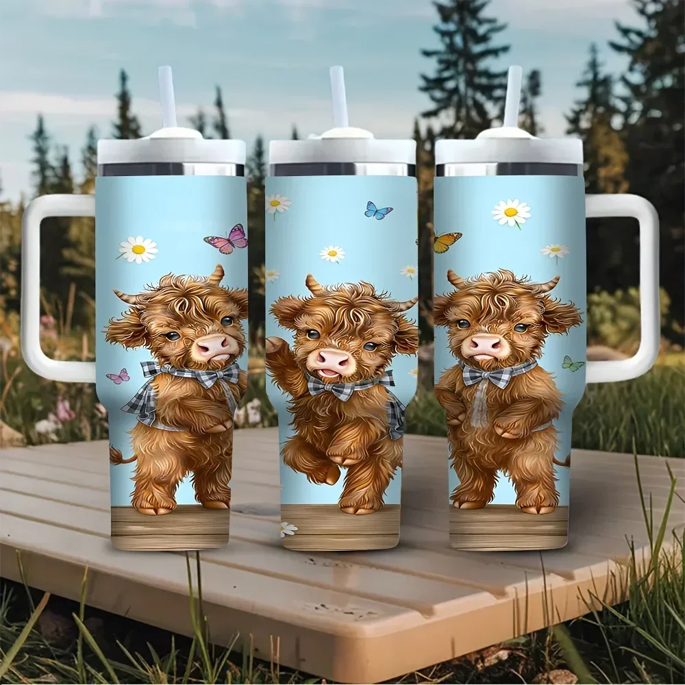 40oz Tumbler with Handle, Cute Fluffy Highland Cow Daisy Butterfly Print, Suitable for Everyone, Fits All Seasons, Perfect for Daily Use And Outdoor Activities, Keeps Both Hot And Cold Drinks