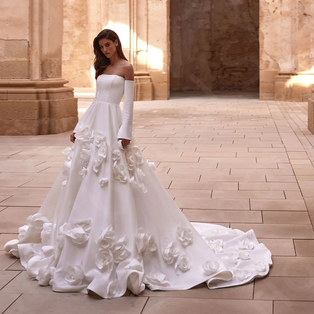 

Customized Charming White Wedding Dresses 2025 Off Shoulder Bridal Gowns Long Sleeves Bride Dresses Flowers Wedding Gown On Sale