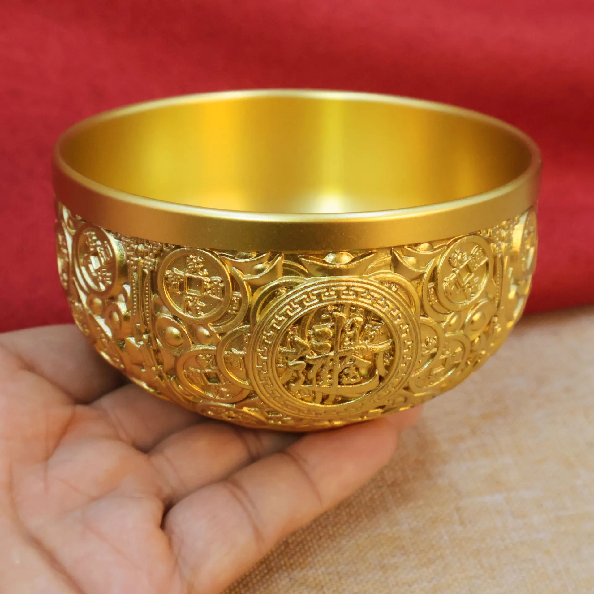 Bowl Offering Basin Water Treasure Feng Shui Fruit Altar Golden Brass Meditation Cup Holder Wealth Supplies Good Money Lucky