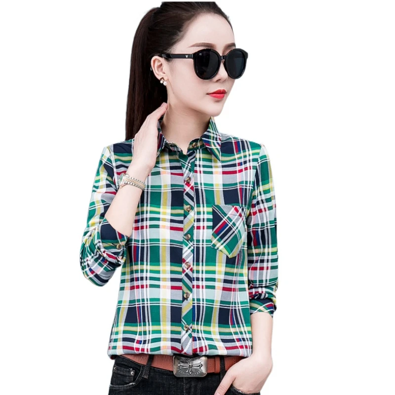 

New Womens Plaid Shirt Tops Long Sleeve Blouses Women Casual Shirt Polyester Fiber Shirt Thin Blouse Women S-5XL Blouse Femmes