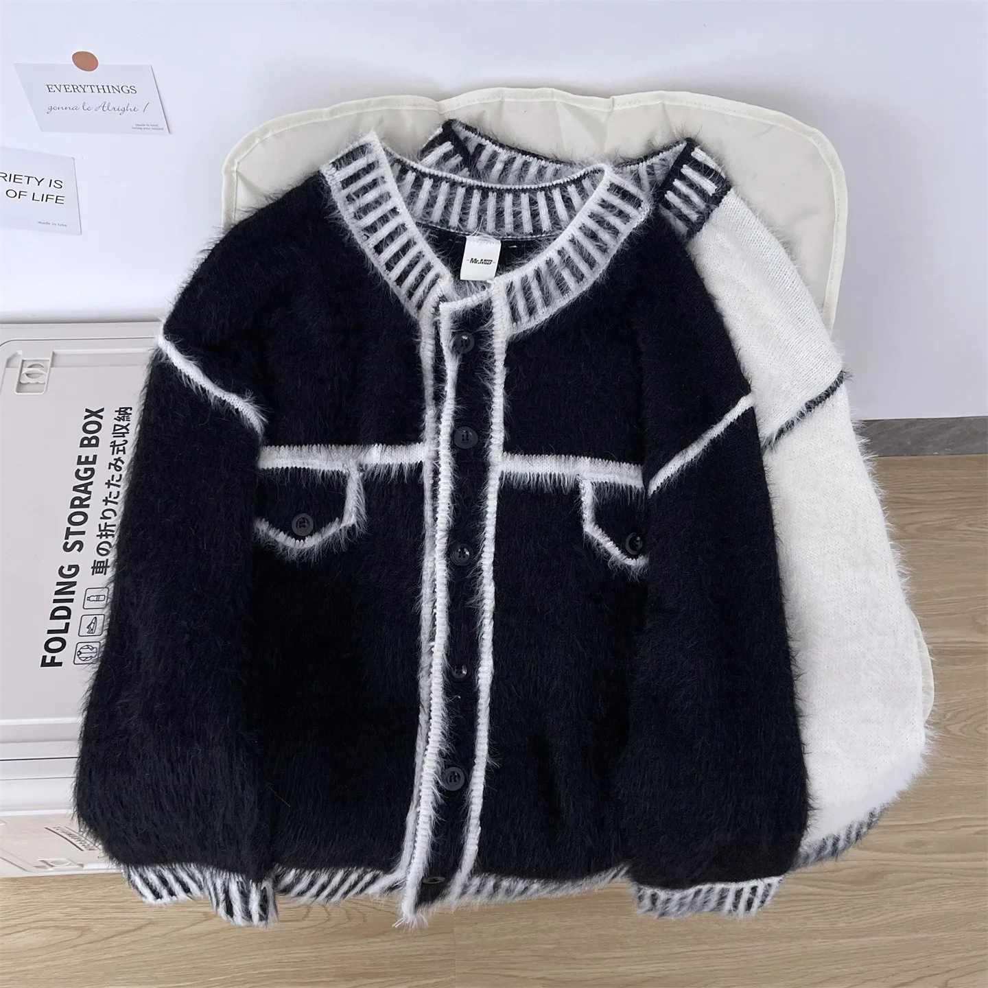 Персонализированный вязаный свитер, контрастный контур, уличная одежда, вязаный кардиган с круглым вырезом, осень-зима, стильный красивый свитер