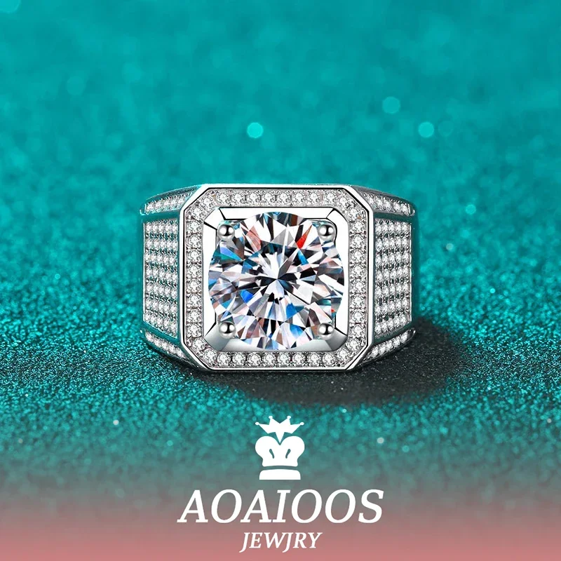 AOAIOOS 2-5CT Luxury Moissanite Ring for Men D Color Brilliant Halo Wedding Diamond Band S925 Sterling Silver Jewelry Wholesale