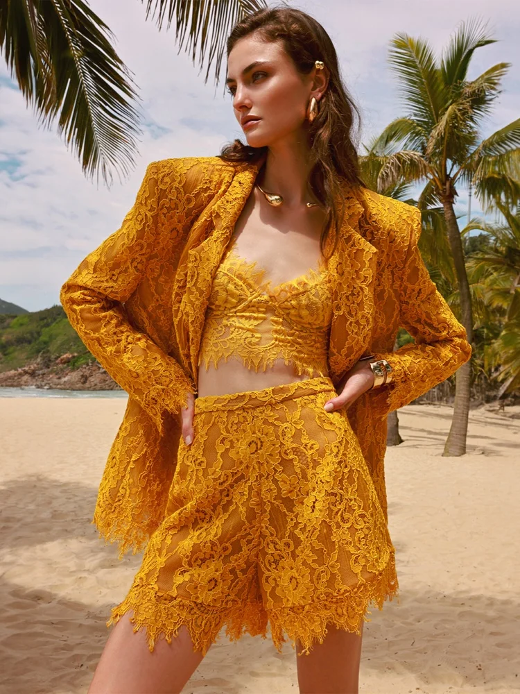 

Vibrant Yellow Three-piece Set Lace Set with Blazer & Crop Top & Shorts for Summer Outings Beach Parties