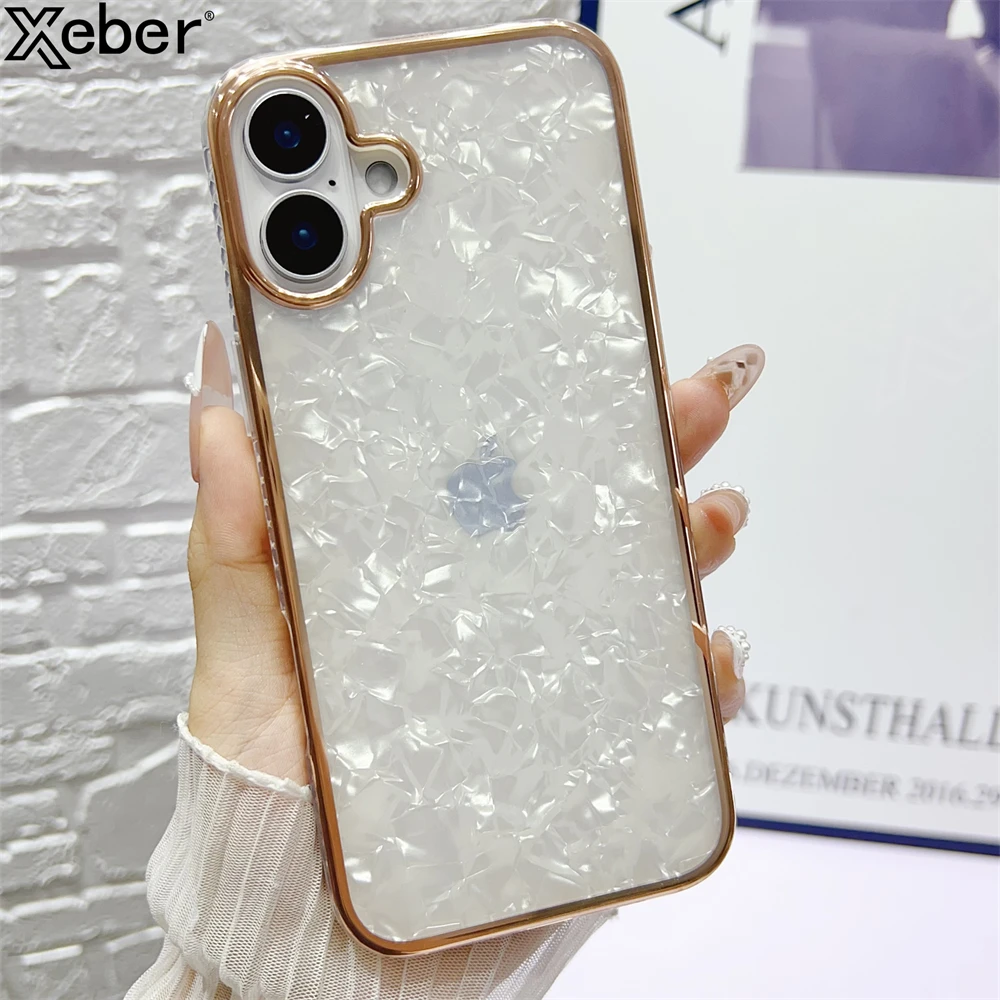 Electroplated Frame Dream Shell Pattern Phone Case For iPhone 16 15 14 13 12 11 ProMax Plus Shockproof Hard IMD Back Shell Cover