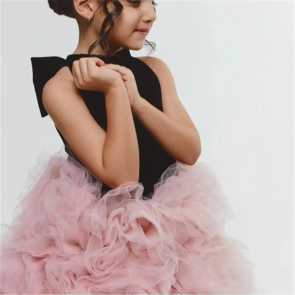 

Luxury Black and Rose Pink Velvet Flower Girl Dresses Ball Gown High Neck Flowers Bow Fairy Birthday Party Dress Customize