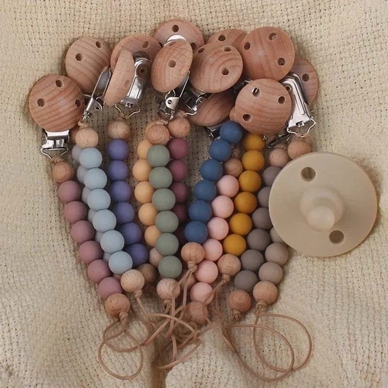 Safety Wooden Baby Infant Toddler Dummy Pacifier Silicone Soother Nipple Clip Chain Holder Strap for Baby Chew Teether Teething