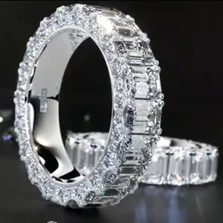 Eternity Full Emerald Cut Lab Diamond Ring 925 Sterling Silver Party Wedding Band Rings for Women Men Engagement Jewelry Gift