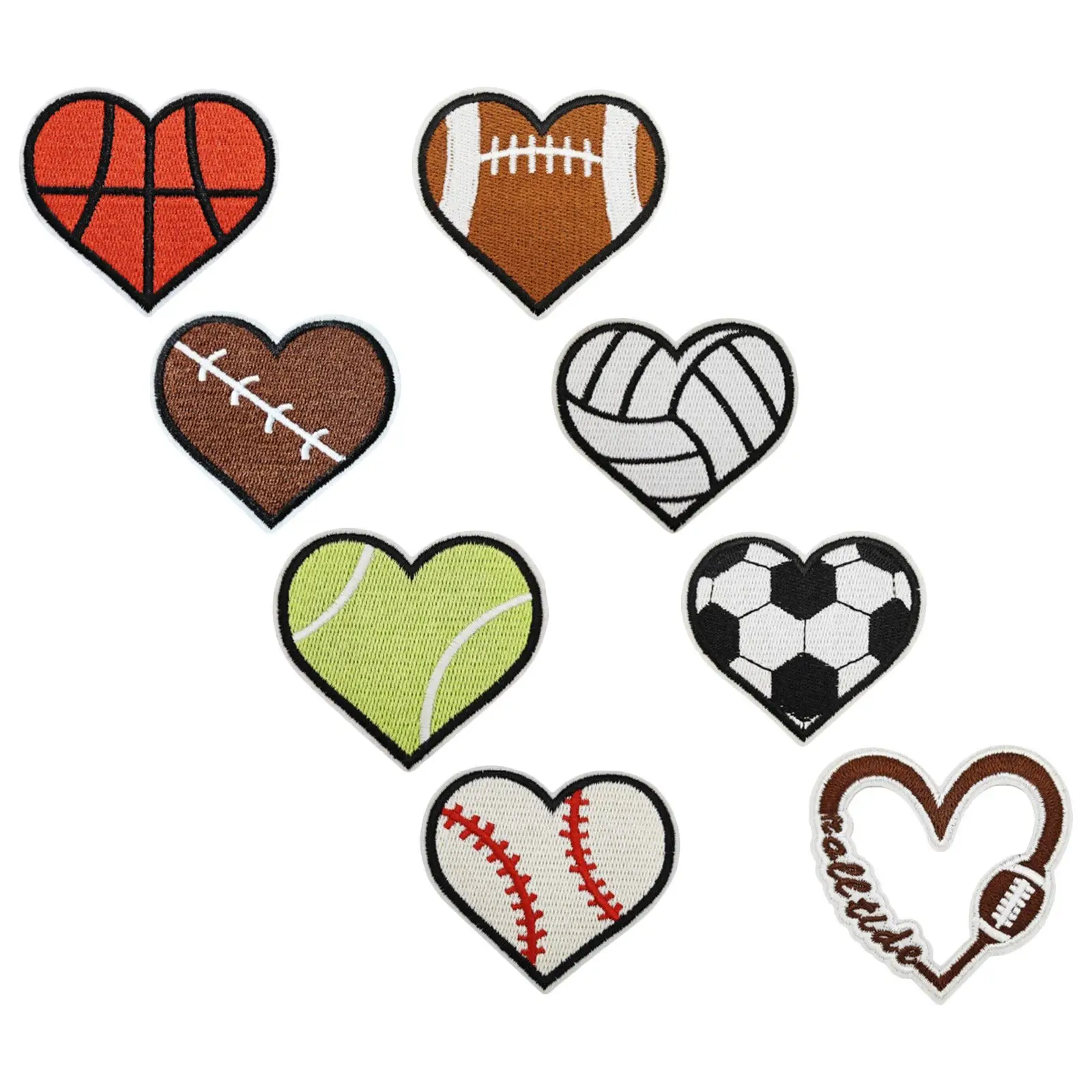 8Pcs Heart Shaped Embroidered Patches Creative Sports Themed Iron on Applique Polyester Fabric for Clothing Backpacks Hats Shoes