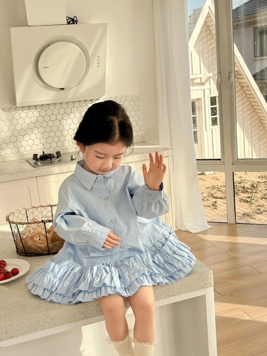 Blouses Girls Shirt Spring New Children Clothing Korean Long Sleeved Pleats Princess Simple 2024 Turn Down Collar Flower